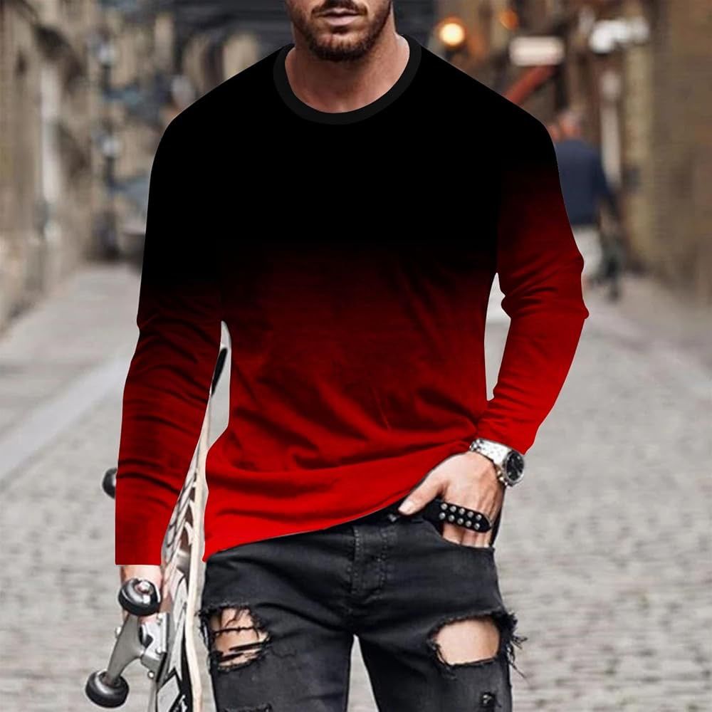 Shirts for Men Long Sleeve Casual Loose Gradient Color Print Crewneck Sweatshirt Lightweight Gym Workout Pullover Top