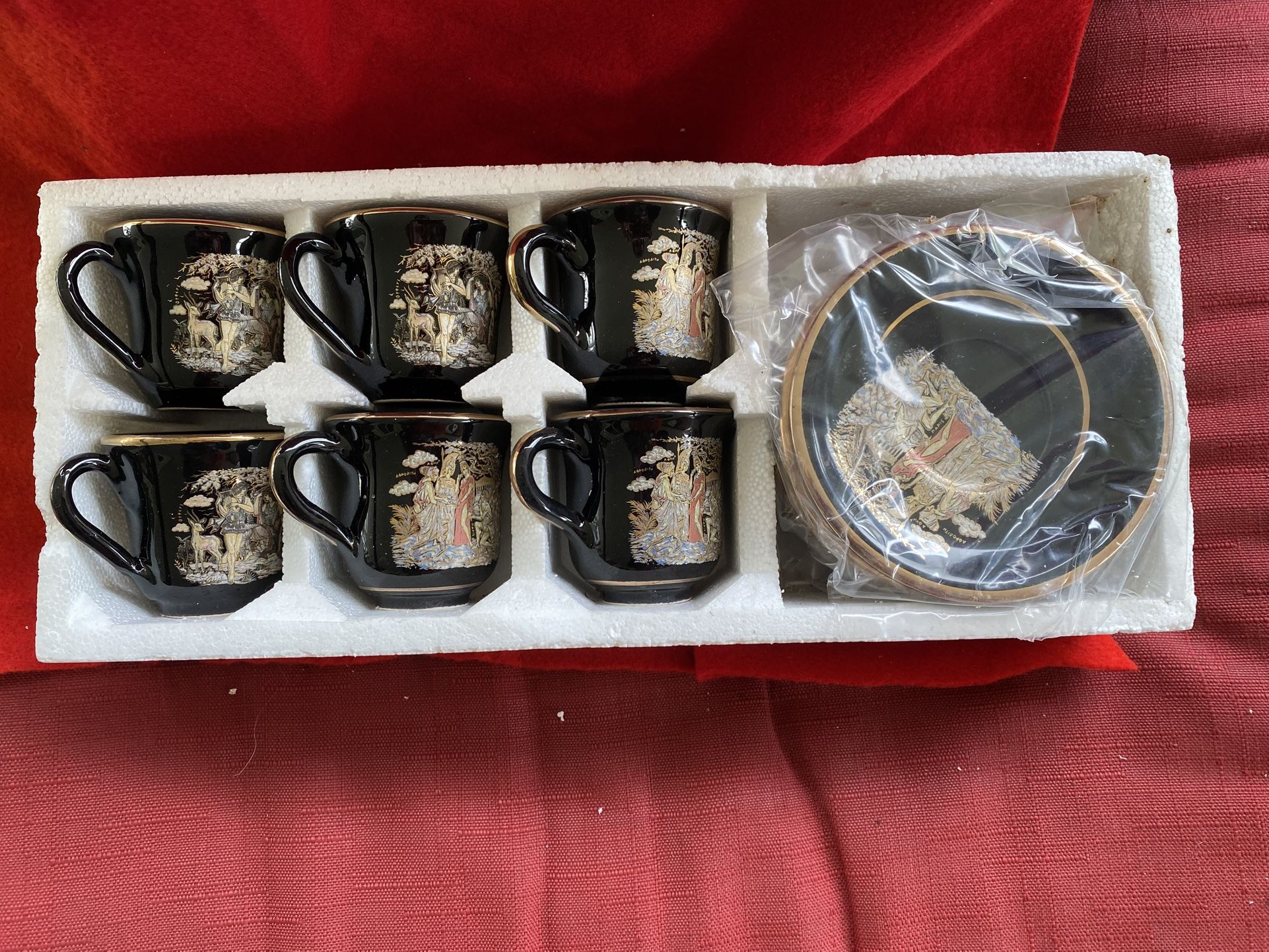 Handmade In Greece 24k Black & Gold Ceramic Cup & Saucer Set Imported From Greece