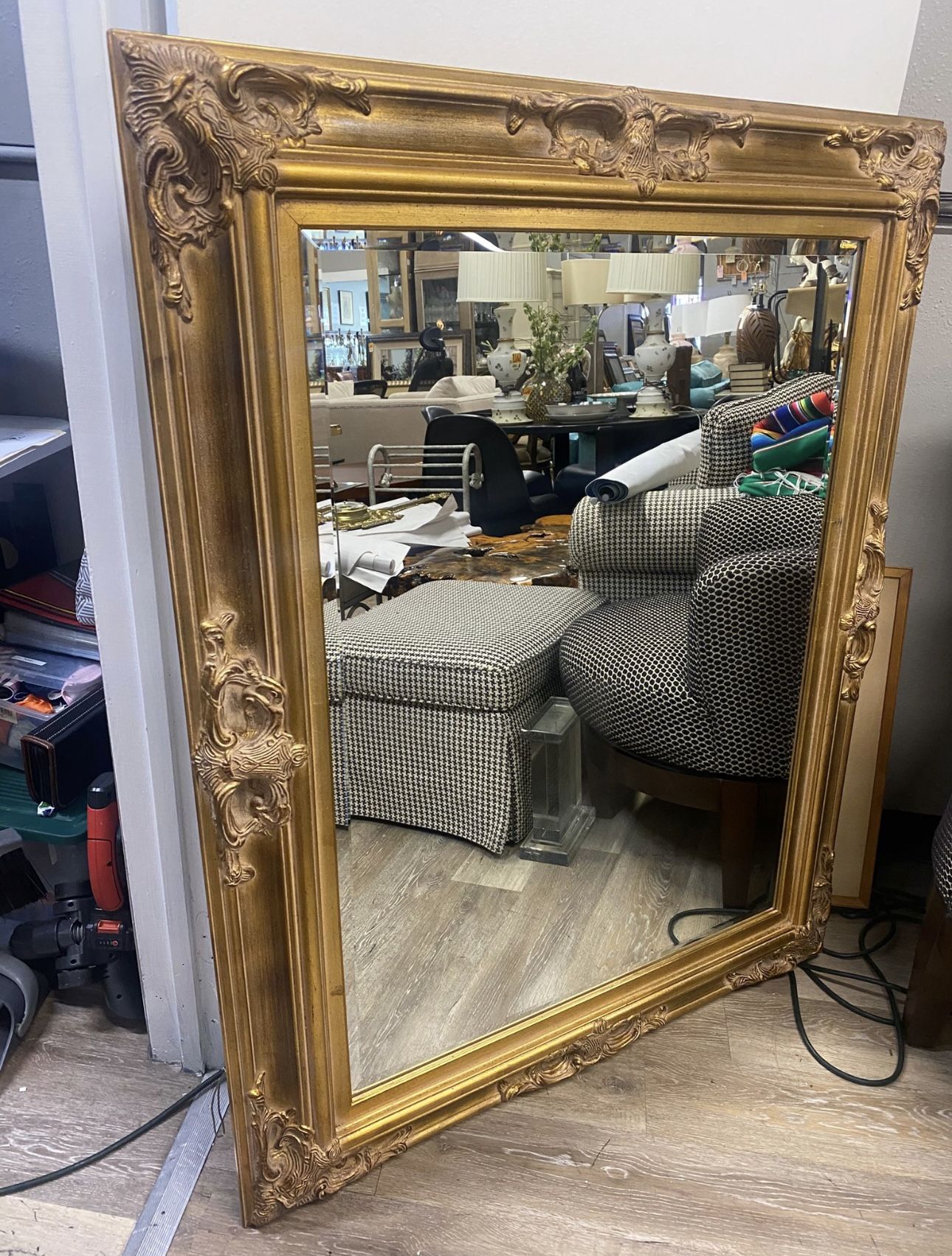 Large Mirror French Baroque Antique Ornate Painted Gold Leaf Stencilled - 51” x 41”