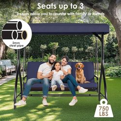 Assembled  3-Seat Outdoor Patio Porch Swing with Adjustable Canopy & Backrest, Convertible Glider Bed with Stand, Removable Seat Cushion, 45° Tilt Adj