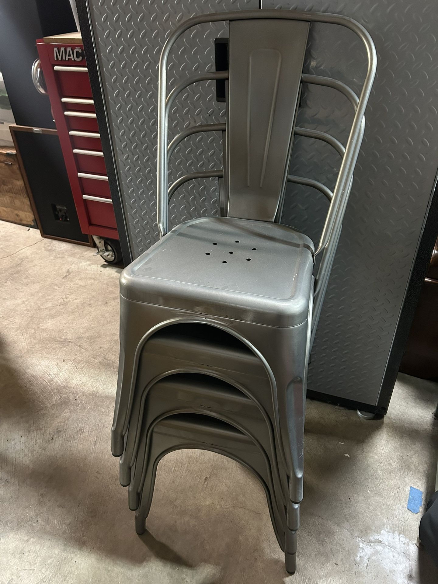 Set Of 4 Sturdy Silver Stacking Metal Chairs