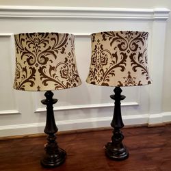 Beautiful Brown Wood Table Lamps Set of 2,  Cream with Brown Paisley Print Drum Fabric Shades (12" W x 10" H) and 3-Way Switch.
