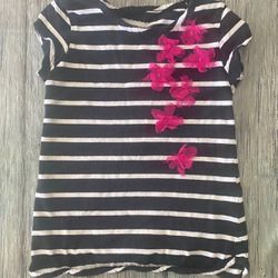 Little Girls Size 5/6 Black & White Striped Tee Shirt with Pink Tulle Flowers