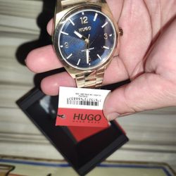 Hugo Gold-effect watch with blue dial and link bracelet