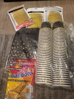 Black & Gold Party Decor Bundle – Dessert Cups, Fringe Curtains & Tablecloth – $20