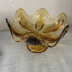 Vintage Viking Epic Glass Amber 6 Petal Footed Pedestal Compote Candy Dish MCM
