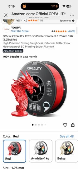 Official CREALITY PETG 3D Printer Filament 1.75mm 1KG (2.2lbs) Red High Precision Strong Toughness, Odorless Better Flow Moistureproof