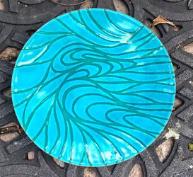 Turquoise blue mid century enameled copper 8" dish or bowl
