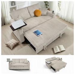 #356 AB 3 in 1 Sleeper Sofa Bed, 65" Convertible Pull Out Couch with Small Table, USB Ports, Cup Holders & 5 Level Adjustable Backrest, Corduroy Loves