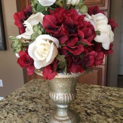 Red & white Silk flowers arrangement in vase