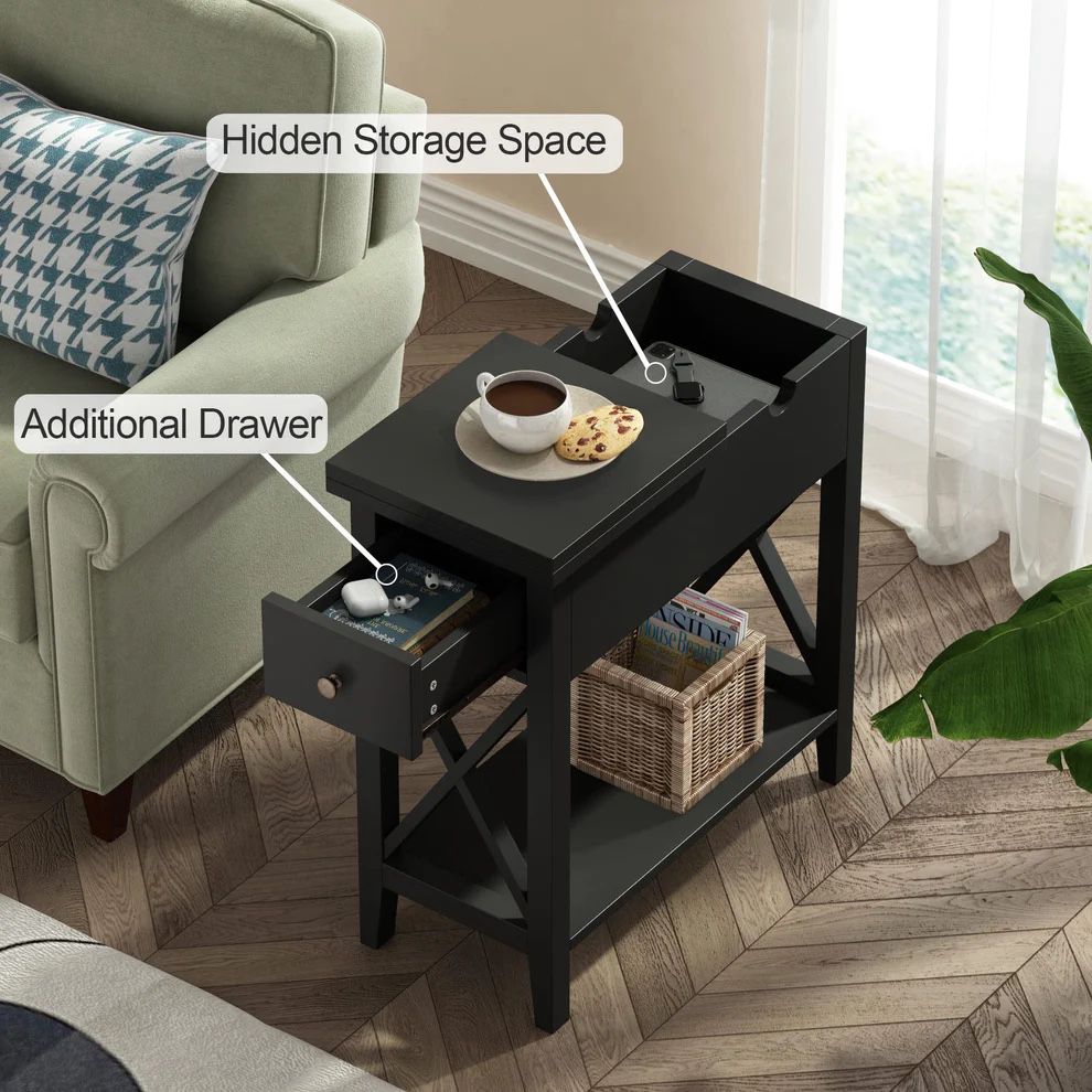 New End Table with Open Flip Top Storage Narrow Side Table Accent Nightstand with Shelf Sofa Table