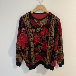 Size M Vintage Floral Rose Patterned Sweater - Red and Tan / Gold