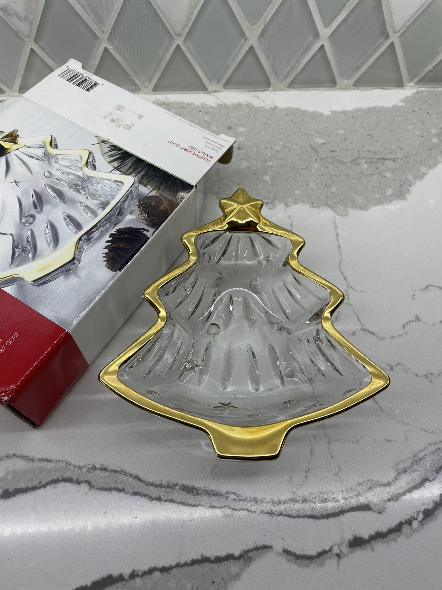 Vintage Studio Nova Christmas Tree Shaped Gold Trimmed Glass Candy Dish