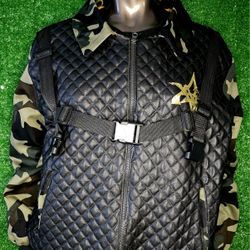 VMS Quilted Leather & Camo Utility Jacket | Tactical Streetwear Bomber | Gold Logo Detail | Unisex Urban Fashion | Limited Drop
