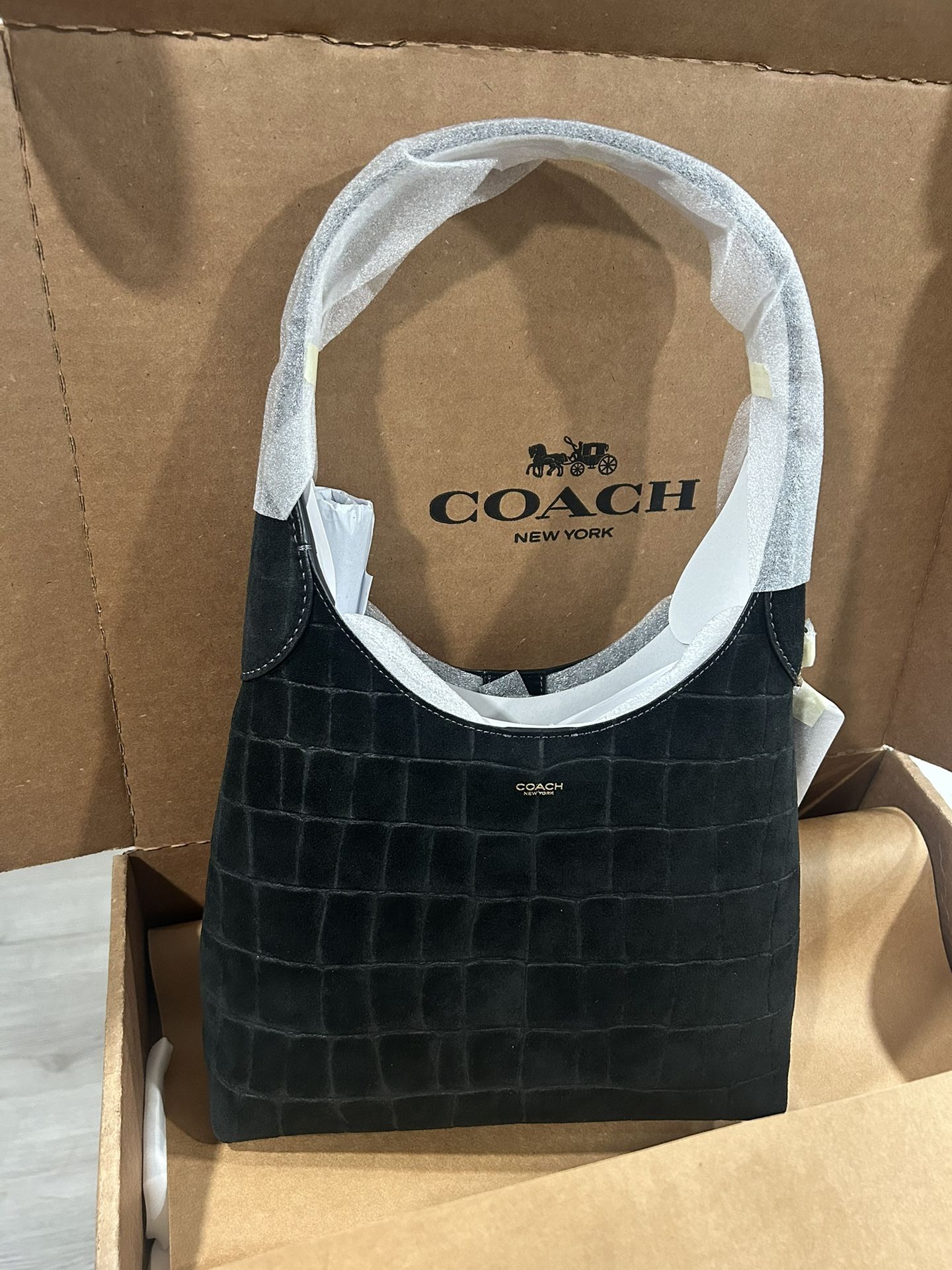 Coach Brooklyn Shoulder Bag 28 in Brass/Black Crocodile Embossed Suede