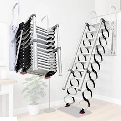 12 Steps Retractable Loft Foldable Ladder, Extra Wider 4in, Stairs Pull Down System for Height 9.8ft, Wall-Mounted Collapsible Ladder, Attic Stairs wi
