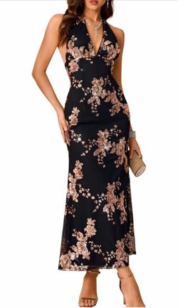 ShawGobow Sequin Beaded Halter Formal Dress for Women Floral Embellished, V Neck, Backless, Maxi Wedding Guest Dresses