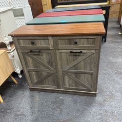 Double Tilt Out Trash Can Cabinet for Two 10 Gallon Bins, Farmhouse Hidden Kitchen Garbage Can Cabinet with 2 Drawers, Freestanding Trash Can Storage 