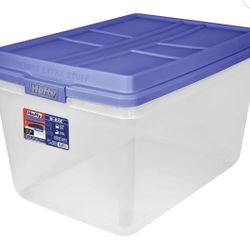 Hefty, 72 Quart Clear Storage Bin, Latched Storage Container, with Blue HI-RISE Lid