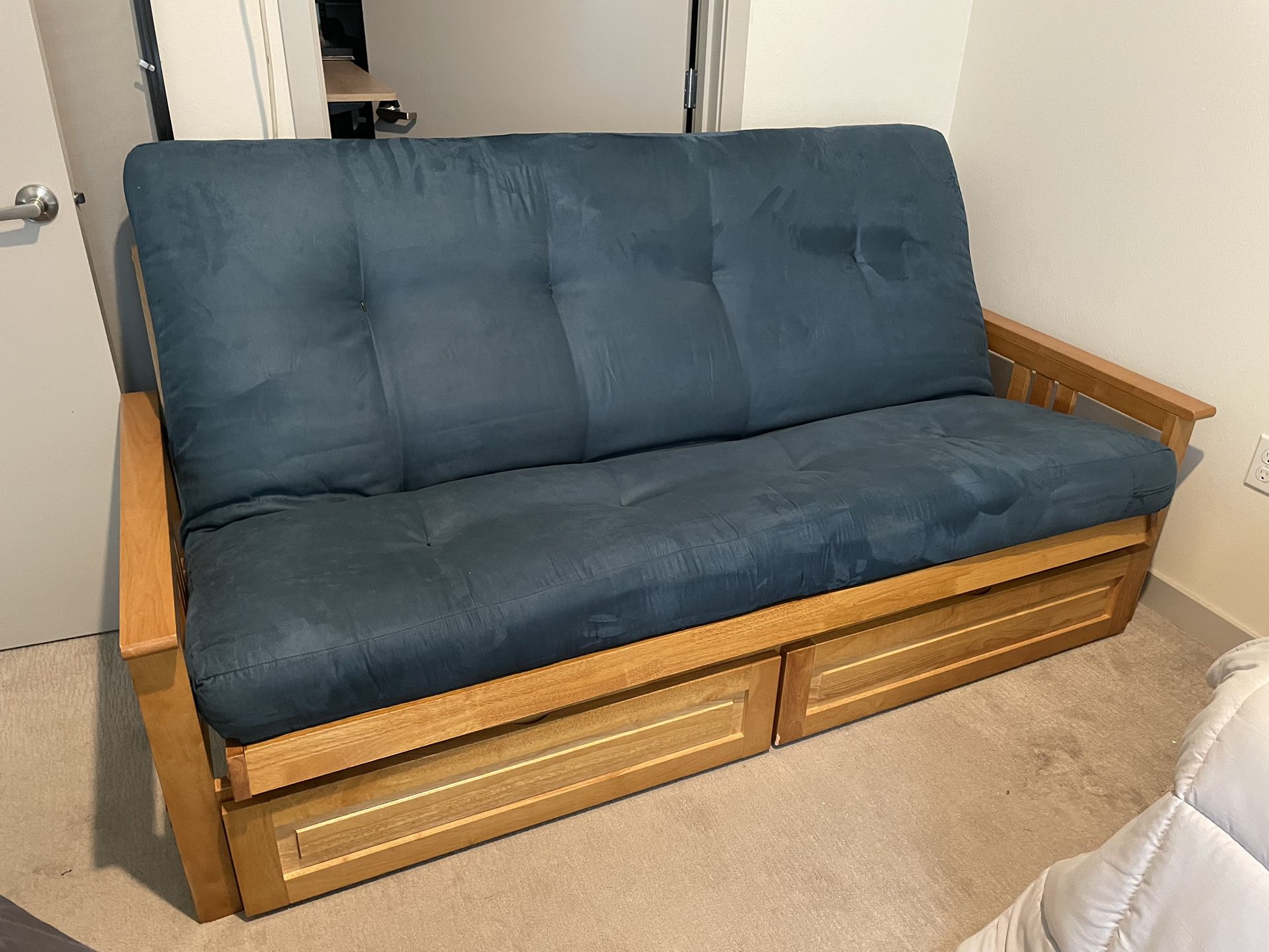 Futon - Wood Frame Blue Cushion