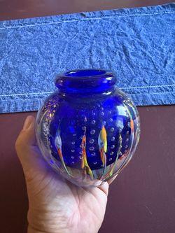 Signed Branly Cobalt Blue Art Handblown Glass Vase with Bubbles