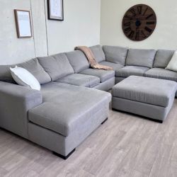 Fast Delivery Available — Jordan’s Furniture Gray Modern Deep-Seated U Sectional Couch with Chaise