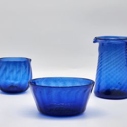 1940s Hand Blown Cobalt Blue Glass Fluted Desert Bowl - Trinket Dish - Succulent Planter