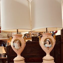 Antique (2) Paris Style Portrait Porcelain Lamps