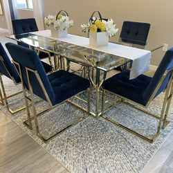 Glass Top Table & 6 Chairs (Blue & Gold) Used For Staging Purposes Only 