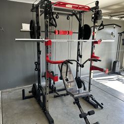Smith Machine 100 | Adjustable Bench | 245lb Cast Iron Olympic Weights | 7ft Olympic Bar | Fitness | Gym Equipment | FREE DELIVERY 🚚 
