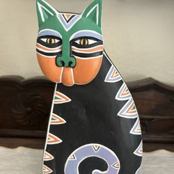 Vintage Laurel Burch Folk Art Standing Eclectic Wood Cat Statue