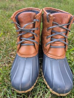 Nautica Men's Duck Boots Brown/Black Leather Quilted Logo Lace-Up Ankle US 8