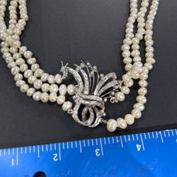 Fresh water Pearl Tri Necklace w/ Sterling Silver Pendant And Diamonds 