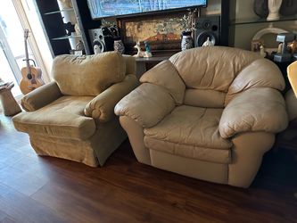 Two Oversized Accent Chairs – Fabric and Leather