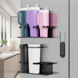 2PCS Magnetic Cup Holder for Fridge, Strong Magnetic Water Bottle Organizer for Stanley Tumbler, Stanley Cup Holder with Tumbler Lid Organizer, Stanle