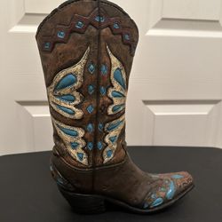 Turquoise Butterfly Design Cowboy Brown Boot Vase