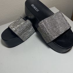 Black & Rhinestone platform Slides 