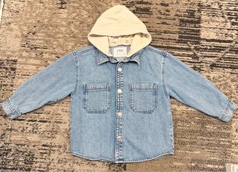 Zara kids, Blue Denim Jacket Beige Hood Button Front Pockets Size 6