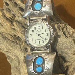 Southwestern Style Sterling Turquoise Watch Tips Stamped Design 