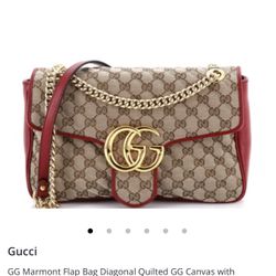 GUCCI Marmont Flap Bag Diagonal Quilted GG Canvas with Leather Mini, Red