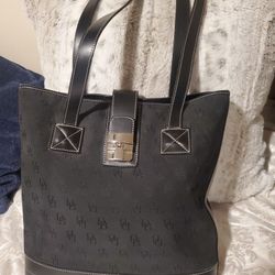 Dooney And Bourke Black Canvas And Leather Shoulder Bag Handbag Purse Tote 12" X 12" X 3.5"
