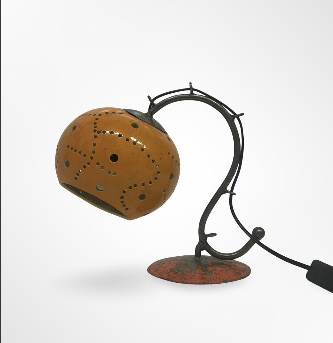 Vintage Gourd Table Lamp, Whimsical Shape Design, Orange Calebash Shade, Metal Frame Light