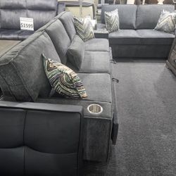 Brand New Gray Chenille Love + Sofa With Pullout Bed And Cup Holders