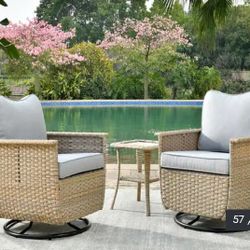 OVIOS 3-piece Pet-Friendly Patio Furniture Swivel Chairs Wicker Set..