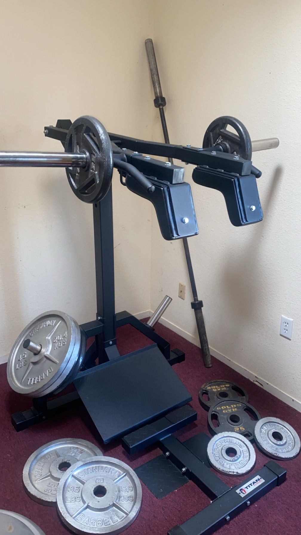 Titan Fitness V-Squat + Olympic Weights & Barbell