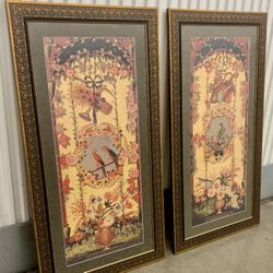 Vintage framed /matted fresco “Botanical Birds and floral” large art panels 