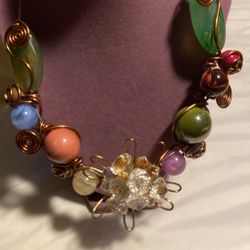 Copper Wire Wrapped Beaded Choker Flower Bib Necklace Art Glass Resin Hippie Vtg