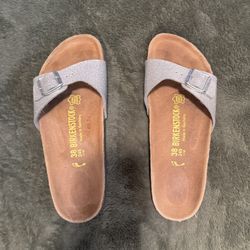 Birkenstock Madrid Birko-flor Silver Glitter Sandals, Size 38