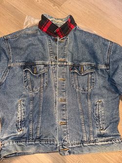 Vintage Levi’s Denim Trucker Jacket Large L Red Plaid Lined Grunge Punk Rock