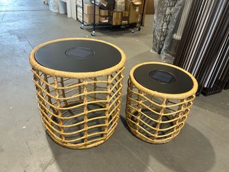 Outdoor Modern Boho Style Wave Wicker End Tables, Built-in Solar Lights, Natural Brown (Set of 2)